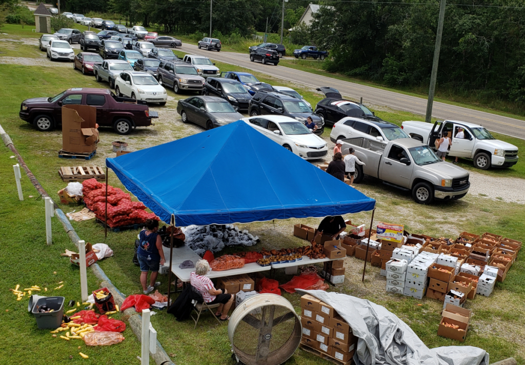 long line of cars at food giveaway